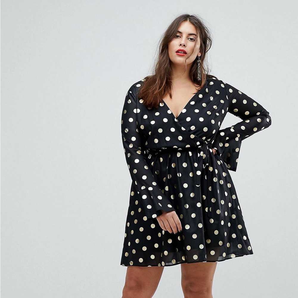 ASOS Club L Plus Ruffle Polka Dot Wrap Dress With Flute Sleeve